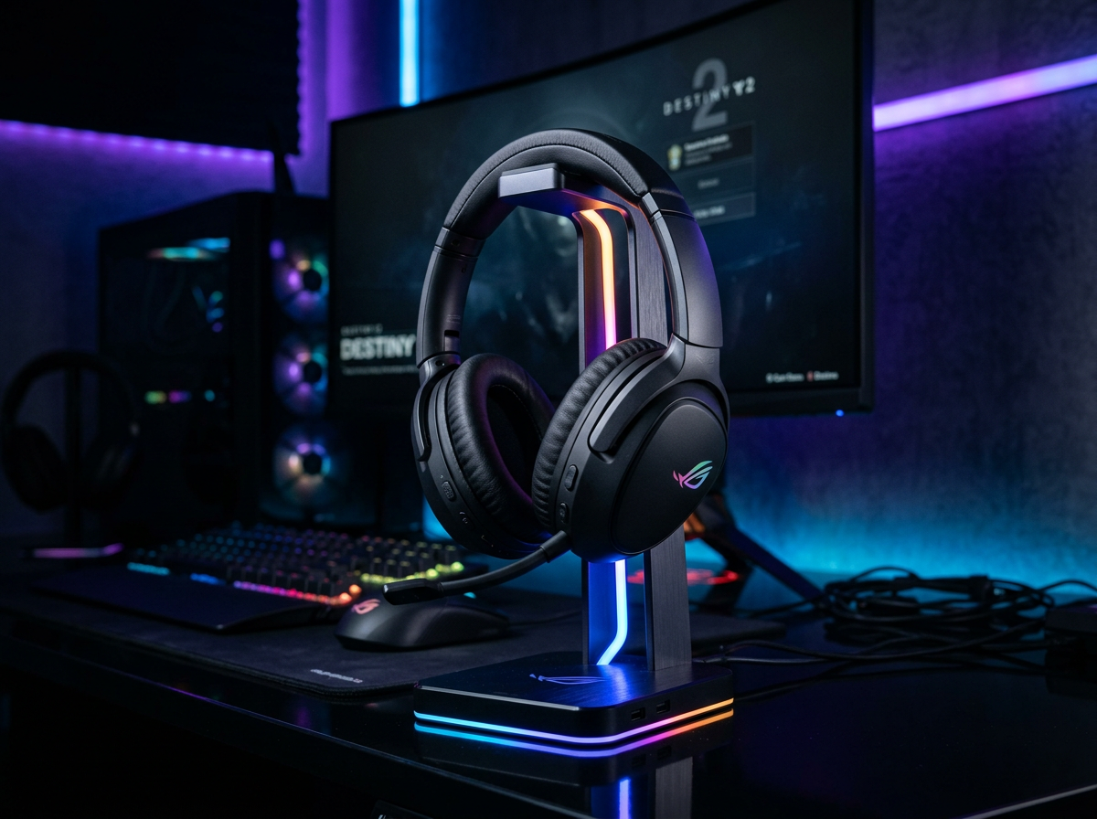 Wireless pro gaming headset sitting on illuminated stand